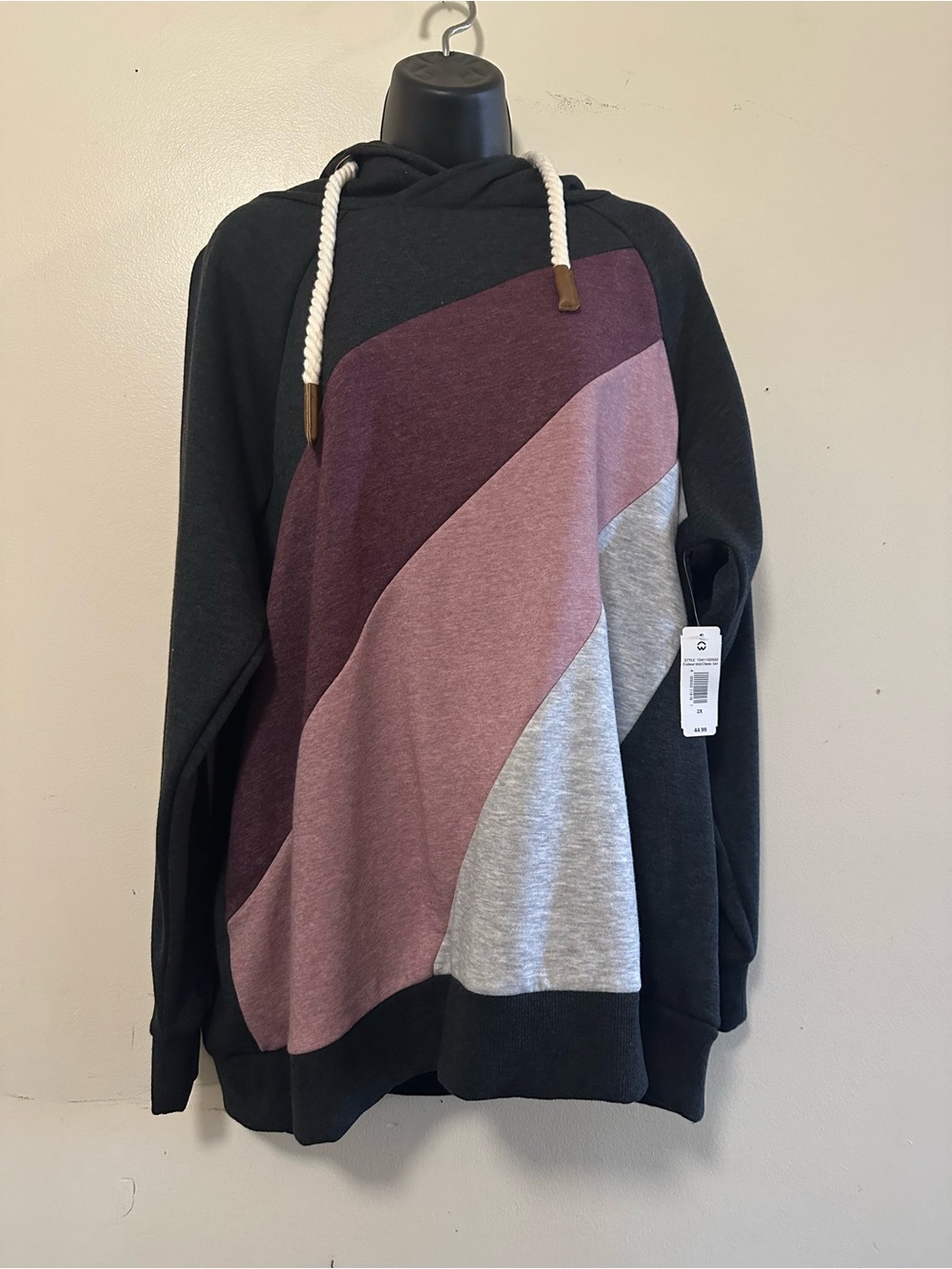Warehouse One Colorblock Hooded Pullover Sweatshirt in Black and Mauve